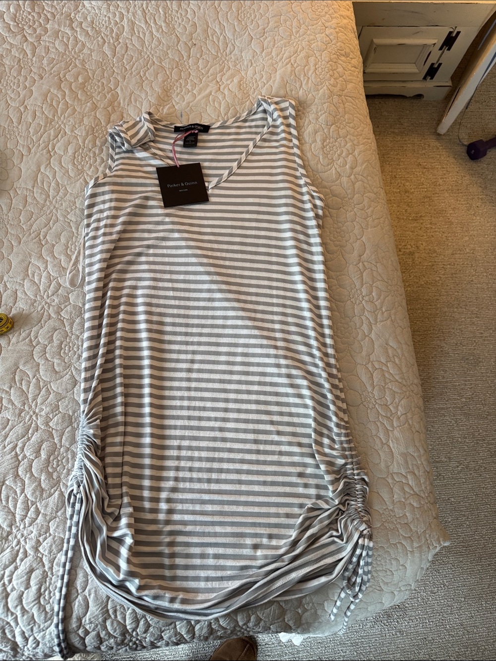 Women's Gray & White Striped Side-Ruched Tank Dress
